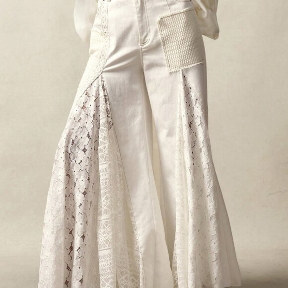 White Casual Women's Boho Bohemian Style Patchwork Mid-Waist Flare Pants - Picture 10 of 14